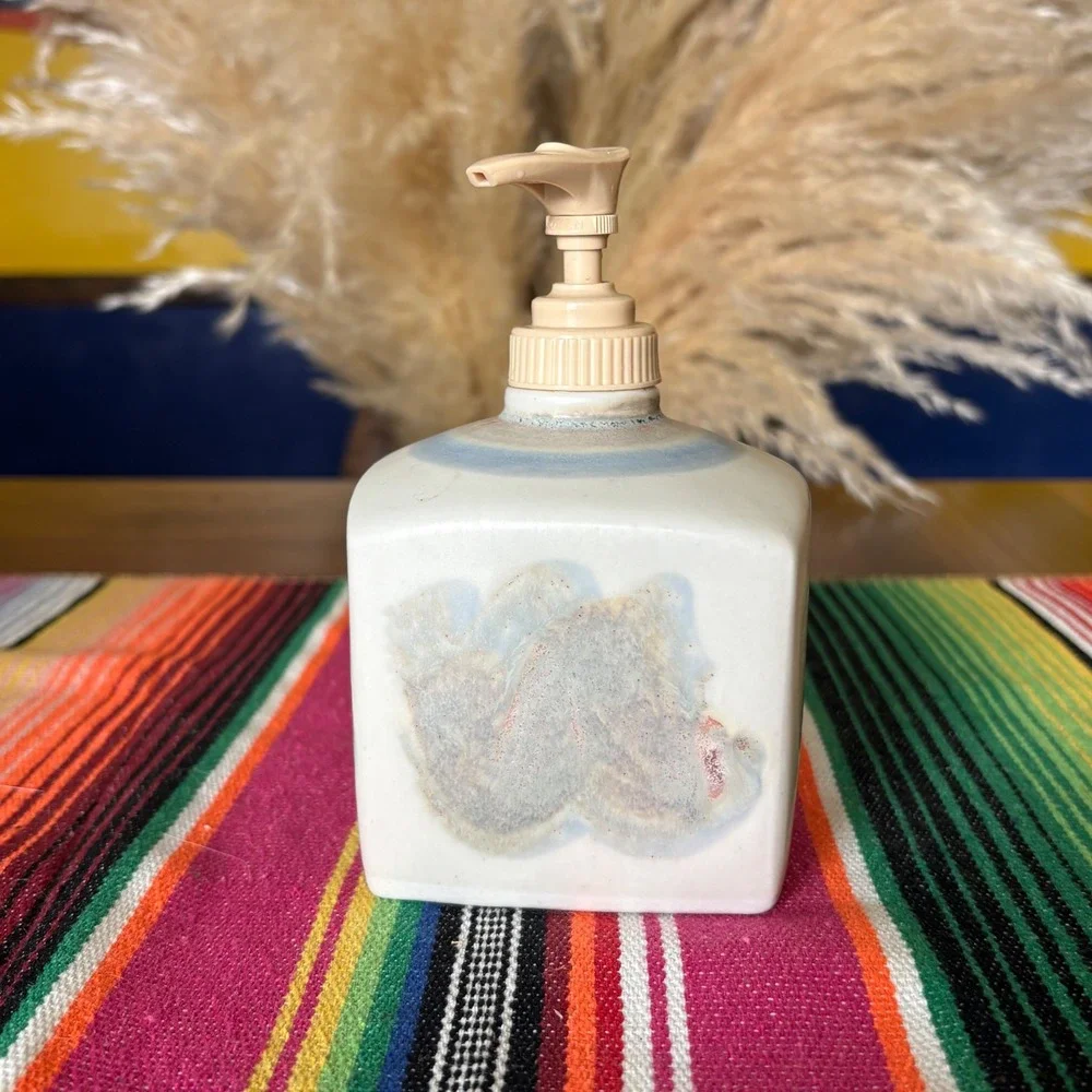Handmade Studio Pottery Soap Dispenser Set Drip Glaze Stoneware Boho Decor 2pc